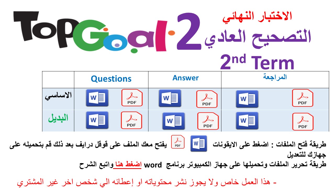 الاختبار النهائي منهج Top Goal 2 - الفصل الدراسي الثاني+ نموذج بديل + مراجعة 
